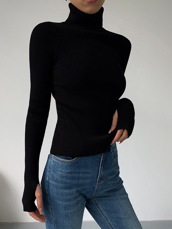 Birthe | Dame Forårs Stilfuld Ribstrikket Rullekrave Sweater