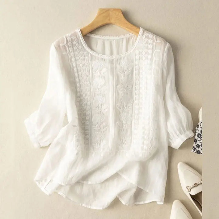 Sine | Dame Broderet Rund Hals Bluse