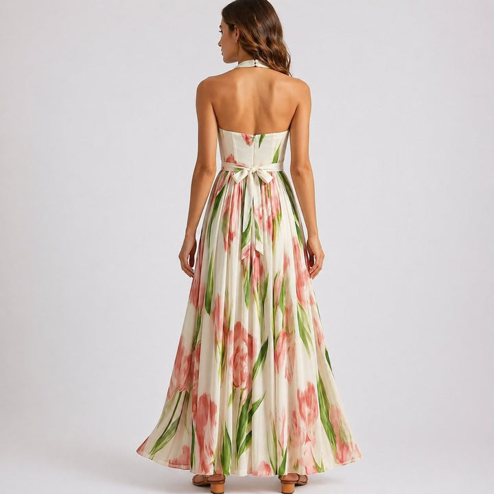 Clara | Blomstret Halterneck Maxi Brudegæstekjole Vandfarve Print