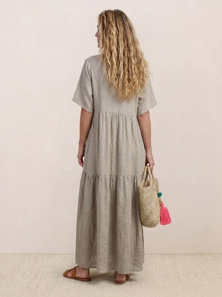 Karla | Boho Maxi Kjole V-Udskæring Korte Ærmer Lagdelt