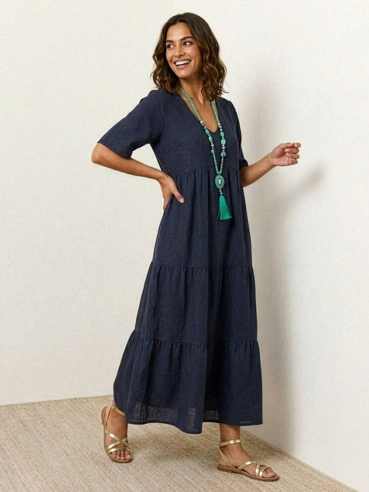 Karla | Boho Maxi Kjole V-Udskæring Korte Ærmer Lagdelt