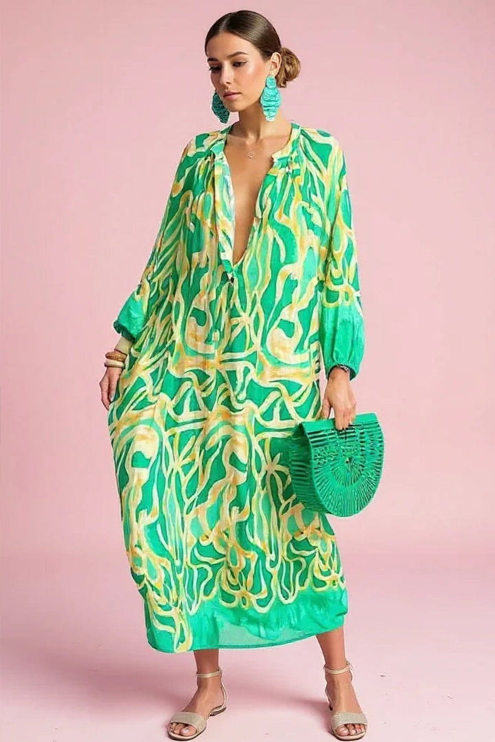Josefine | Dame Abstrakt Print V-hals Kaftan Maxi Kjole Langærmet