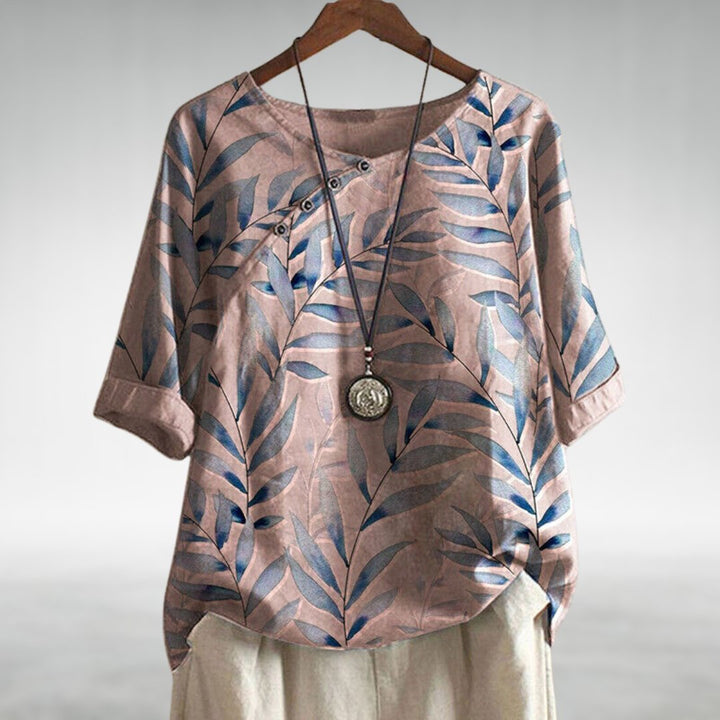 Liv | Dame Afslappet Linen Bluse Korte Ærmer Blomsterprint