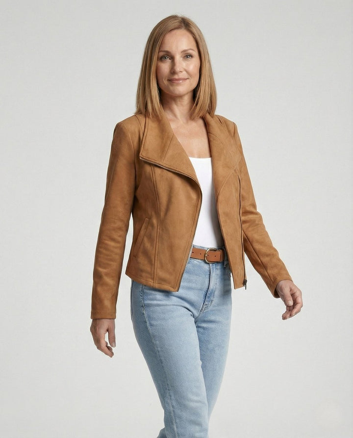 Mathilde | Dame Asymmetrisk Lynlås Biker Leather Jacket Ruskindslook