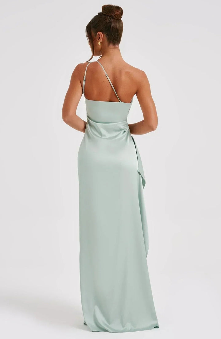 Laura | Dame Asymmetrisk One-Shoulder Satin Maxi Aftenkjole Høj Slids