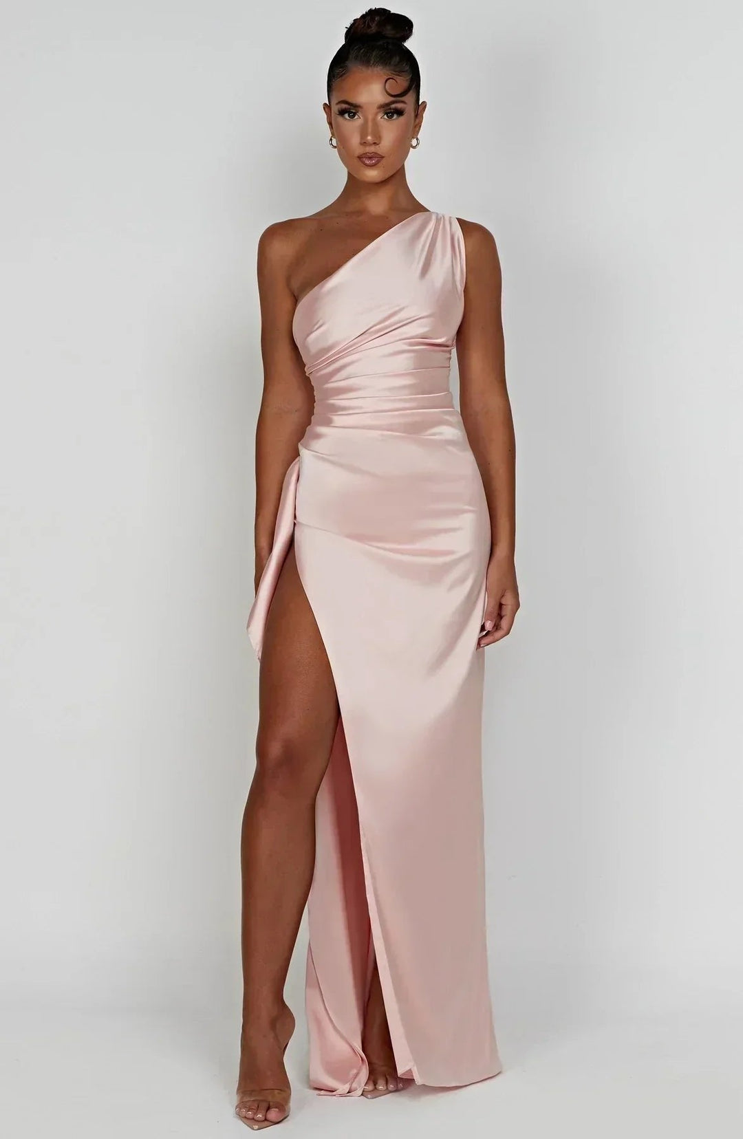 Laura | Dame Asymmetrisk One-Shoulder Satin Maxi Aftenkjole Høj Slids