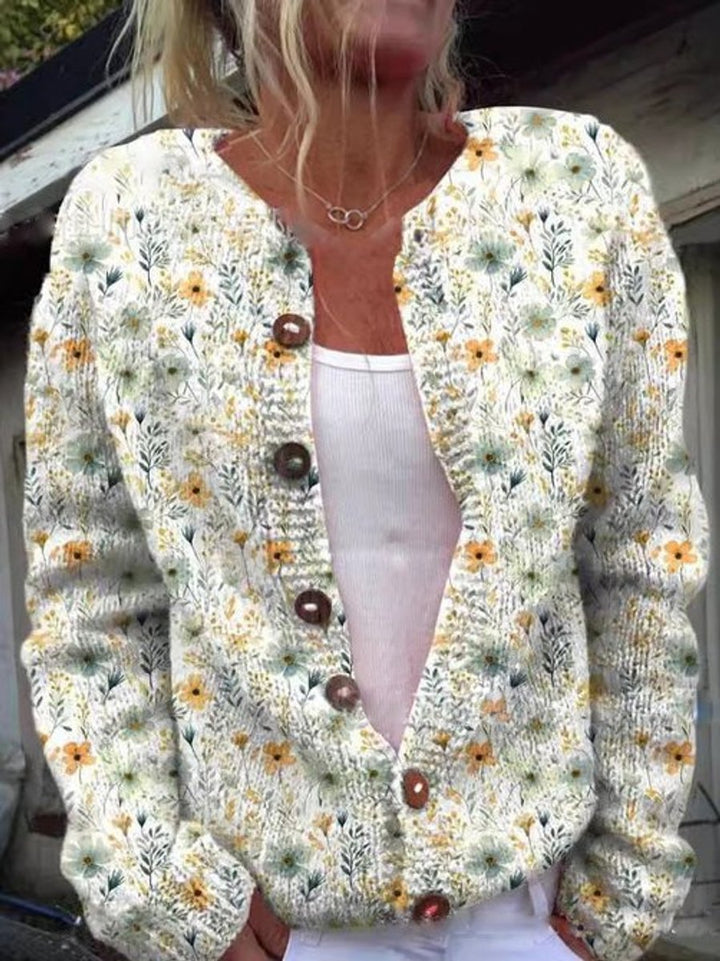 Mathilde | Dame Blomsterstrikket Cardigan Rundhalset Knapper