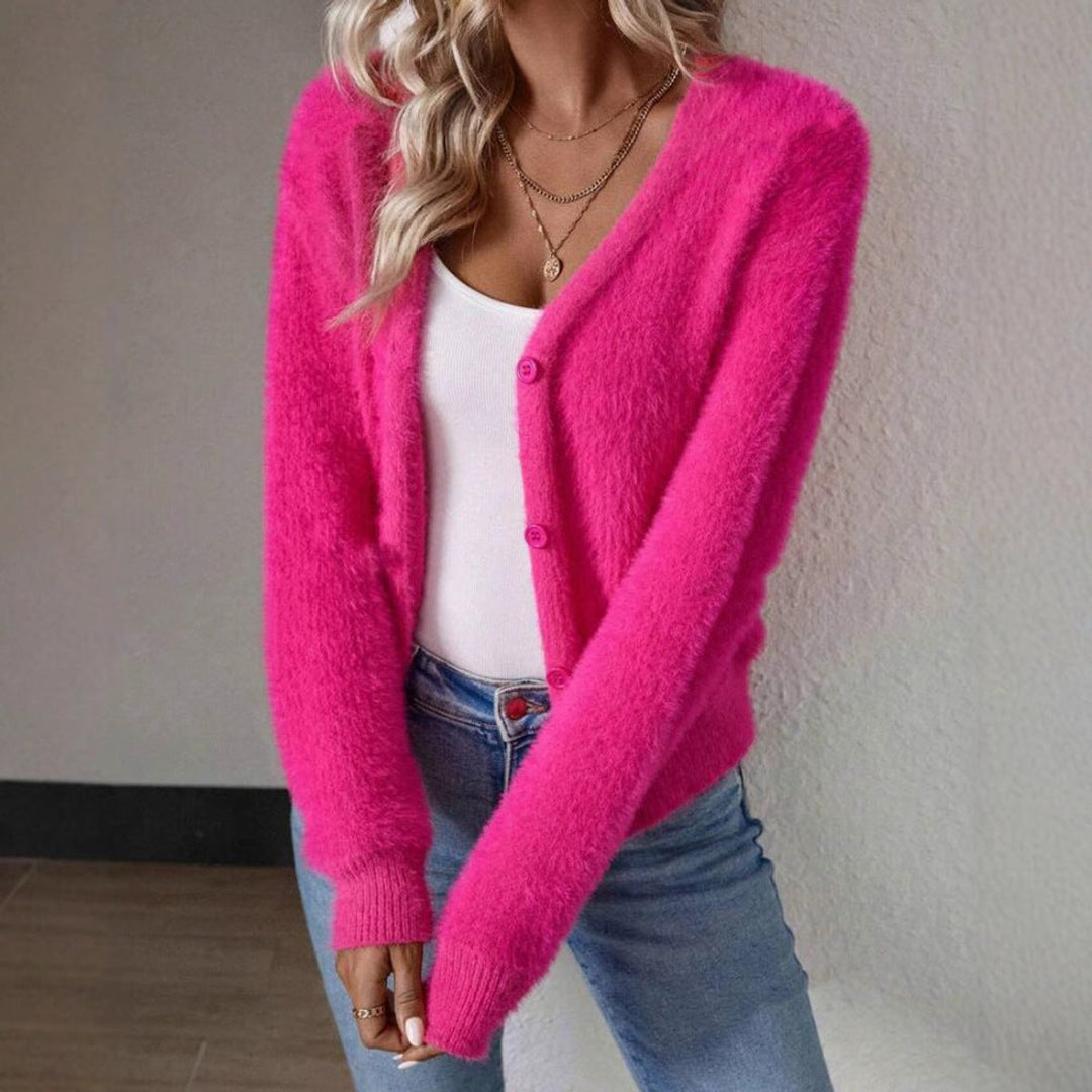 Anna | Dame Fluffy V-hals Cardigan Knaplukning Blød Strik