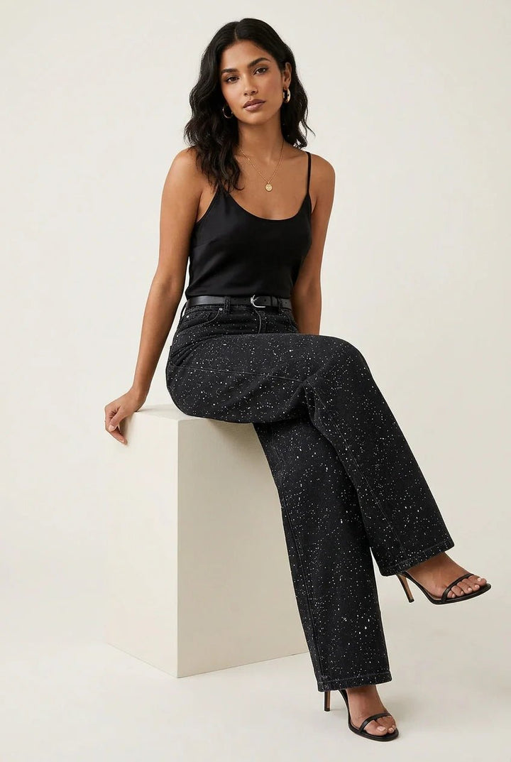 Isabella | Dame High-Waist Straight-Leg Glitter Denim Jeans