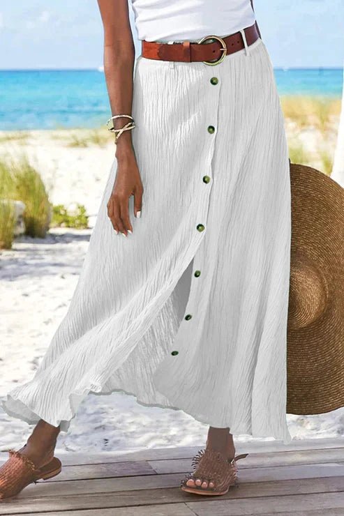 Olivia | Dame Højtaljeret Knapfront Maxi Nederdel Linned-Look