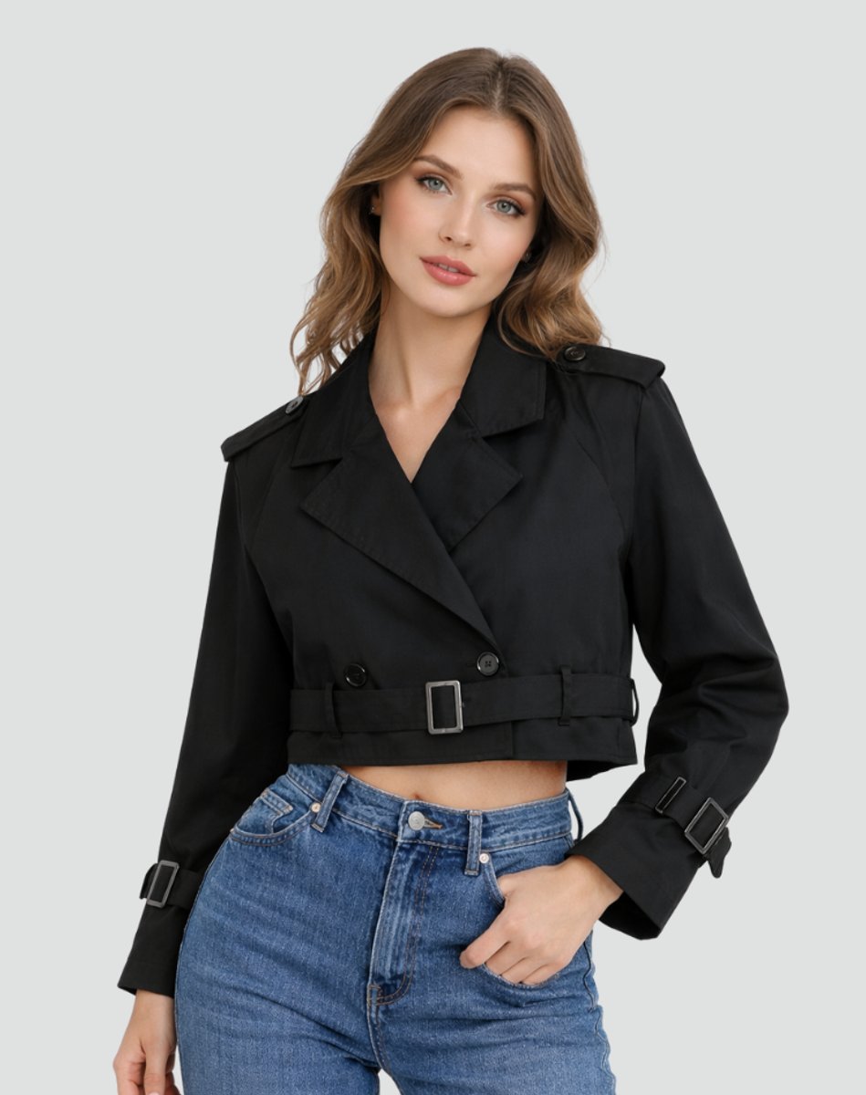 Freja | Dame Kort Cropped Trench Coat Dobbeltknappet Bæltet Jakke