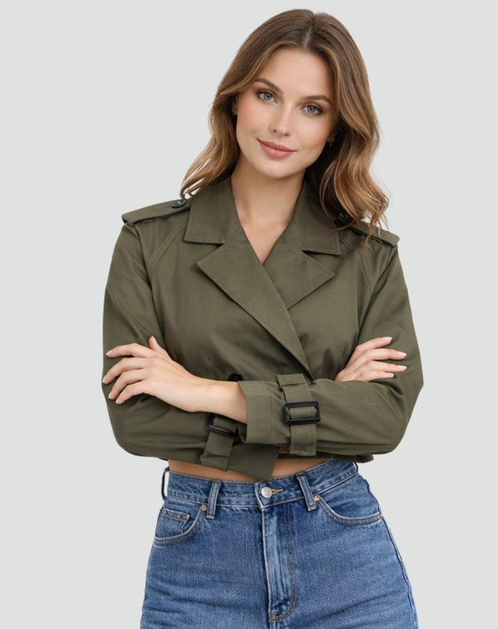 Freja | Dame Kort Cropped Trench Coat Dobbeltknappet Bæltet Jakke