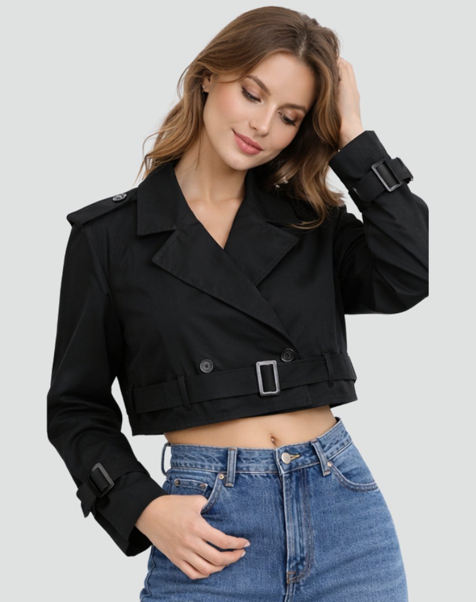 Freja | Dame Kort Cropped Trench Coat Dobbeltknappet Bæltet Jakke