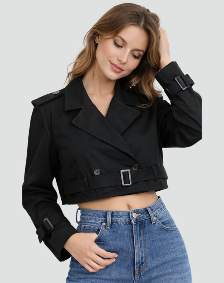 Freja | Dame Kort Cropped Trench Coat Dobbeltknappet Bæltet Jakke
