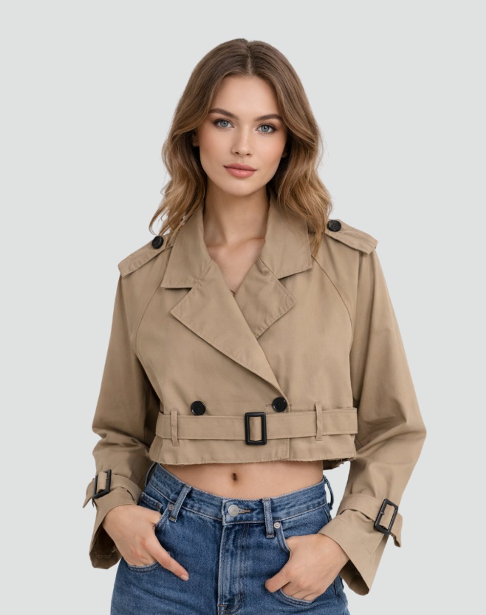 Freja | Dame Kort Cropped Trench Coat Dobbeltknappet Bæltet Jakke