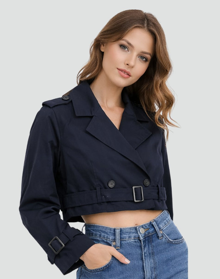 Freja | Dame Kort Cropped Trench Coat Dobbeltknappet Bæltet Jakke