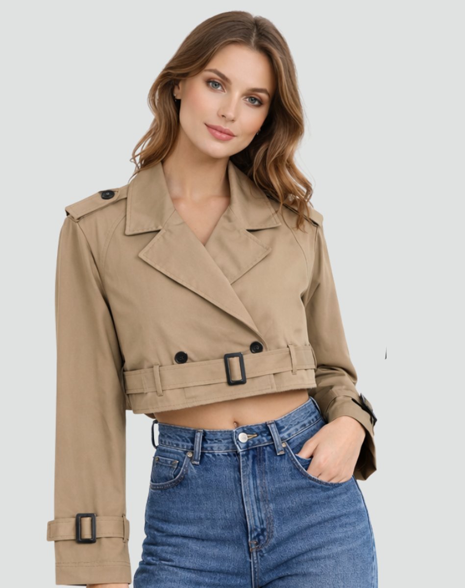 Freja | Dame Kort Cropped Trench Coat Dobbeltknappet Bæltet Jakke