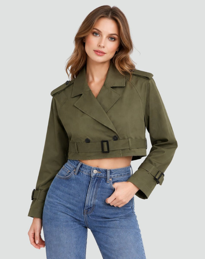 Freja | Dame Kort Cropped Trench Coat Dobbeltknappet Bæltet Jakke