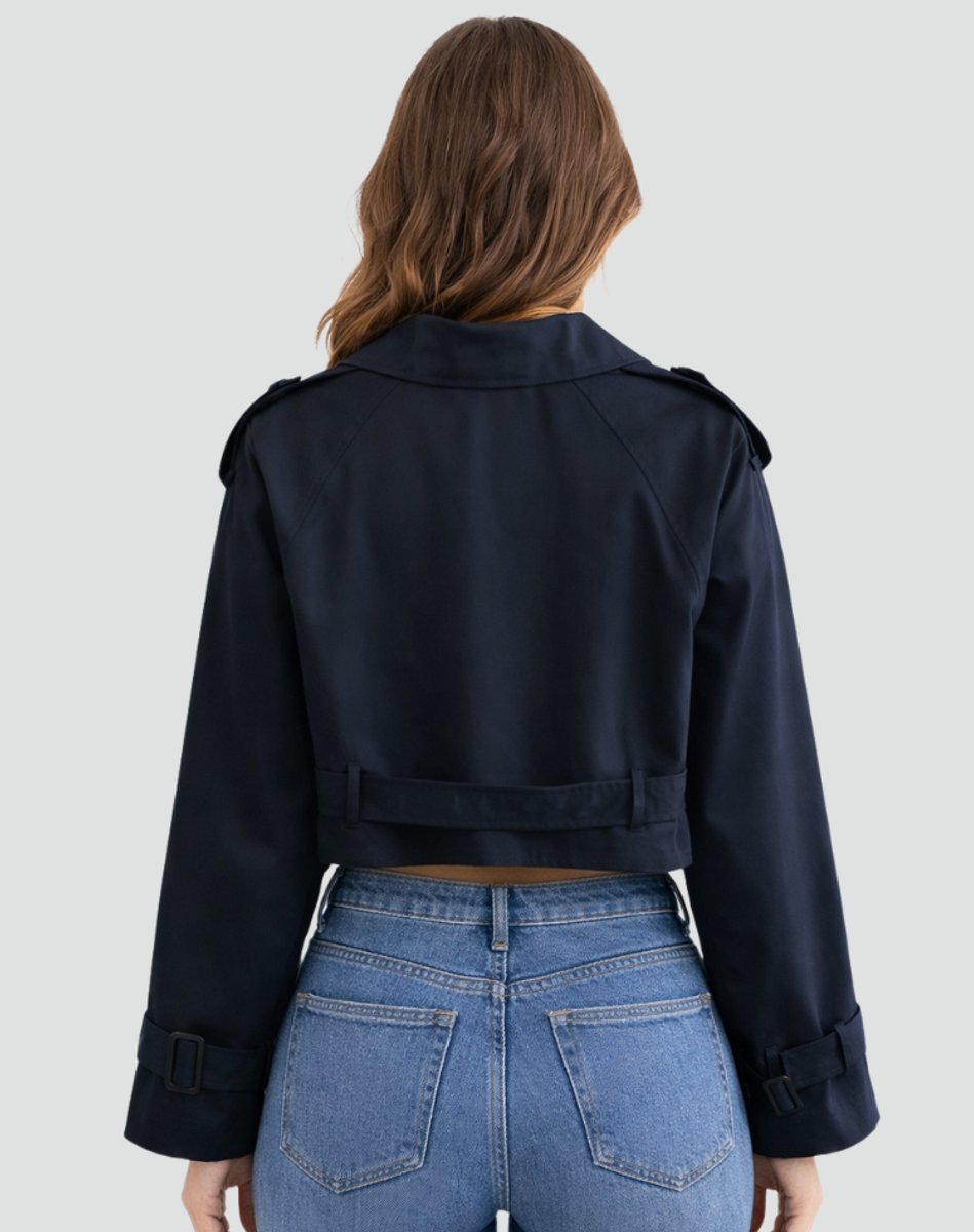 Freja | Dame Kort Cropped Trench Coat Dobbeltknappet Bæltet Jakke