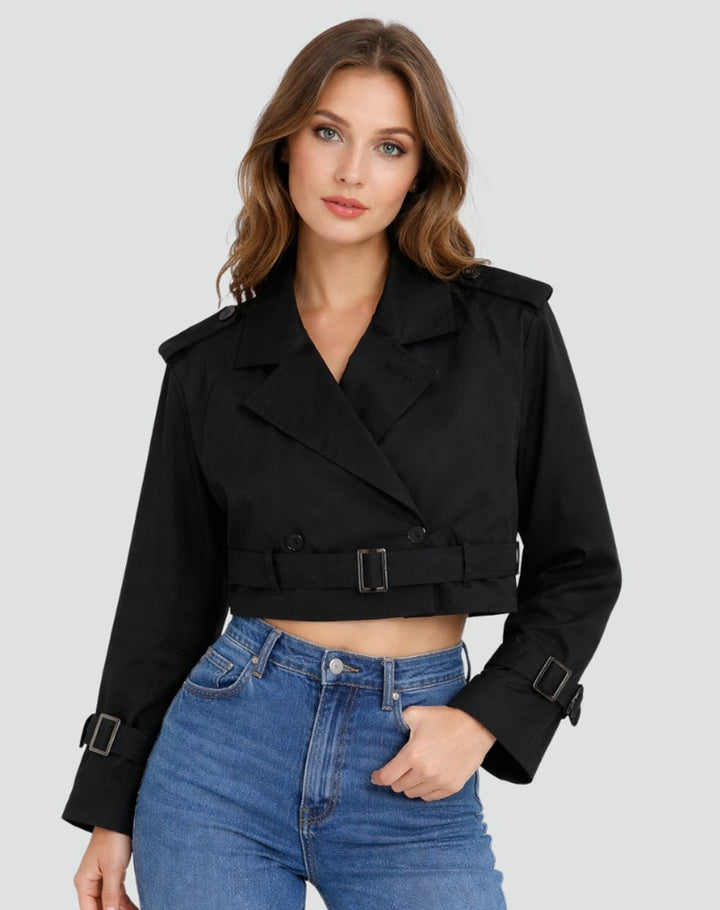Freja | Dame Kort Cropped Trench Coat Dobbeltknappet Bæltet Jakke