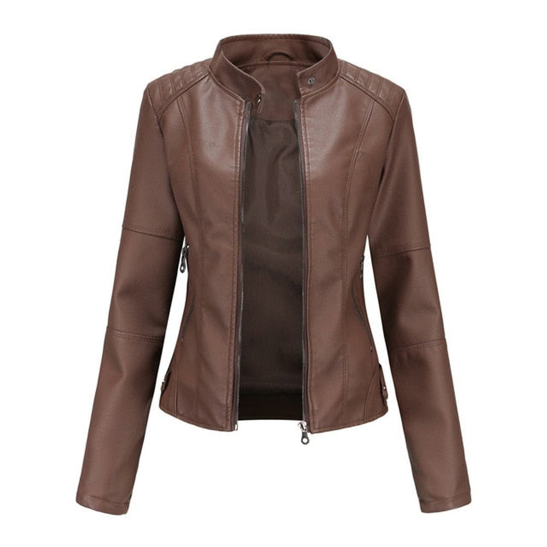 Clara | Dame kort zippet kunstlæder leather jacket med stående krave