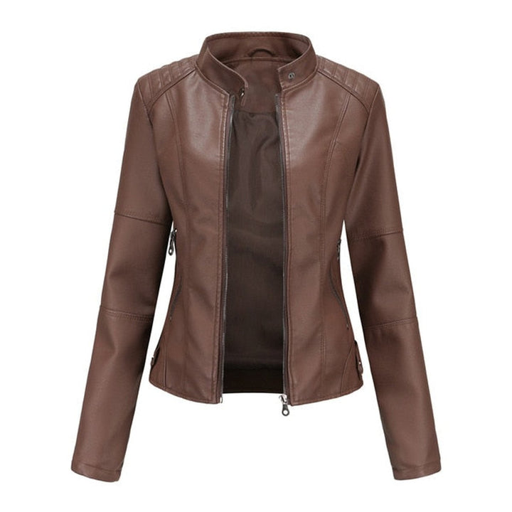 Clara | Dame kort zippet kunstlæder leather jacket med stående krave