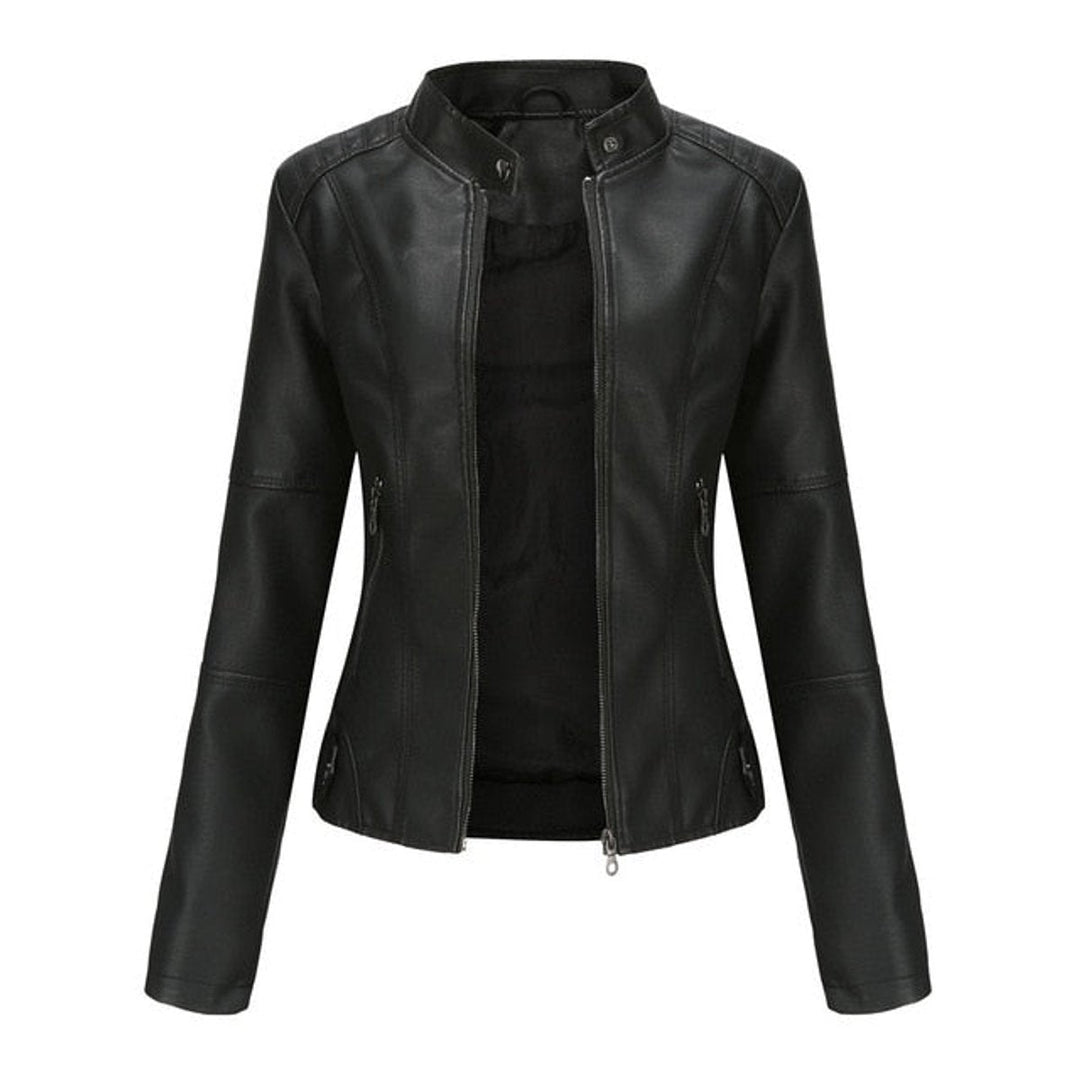 Clara | Dame kort zippet kunstlæder leather jacket med stående krave