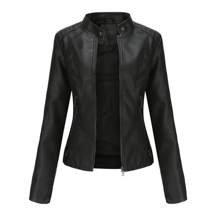 Clara | Dame kort zippet kunstlæder leather jacket med stående krave