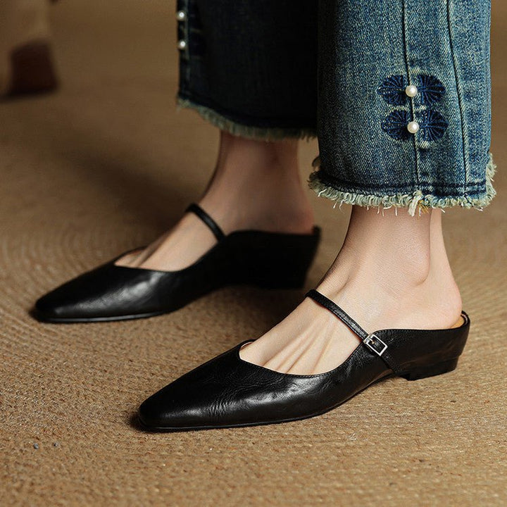 Alma | Dame Spidsnet Læder Mary Jane Mules Flade Slip-On Sko