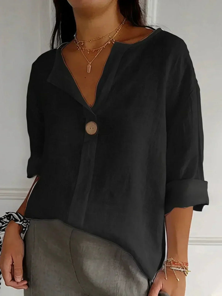 Josefine | Dame V-hals Afslappet Linned-look Bluse med 3/4 Ærmer