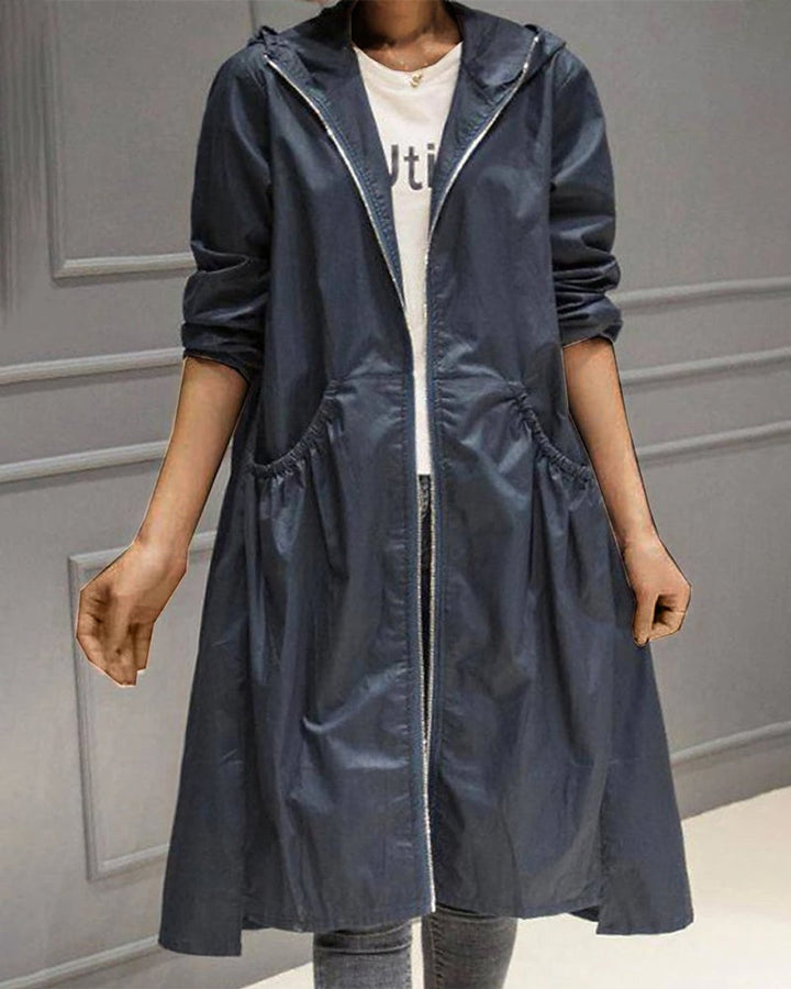 Nora | Dame Vandafvisende Hættet Lang Trench Coat Polyester
