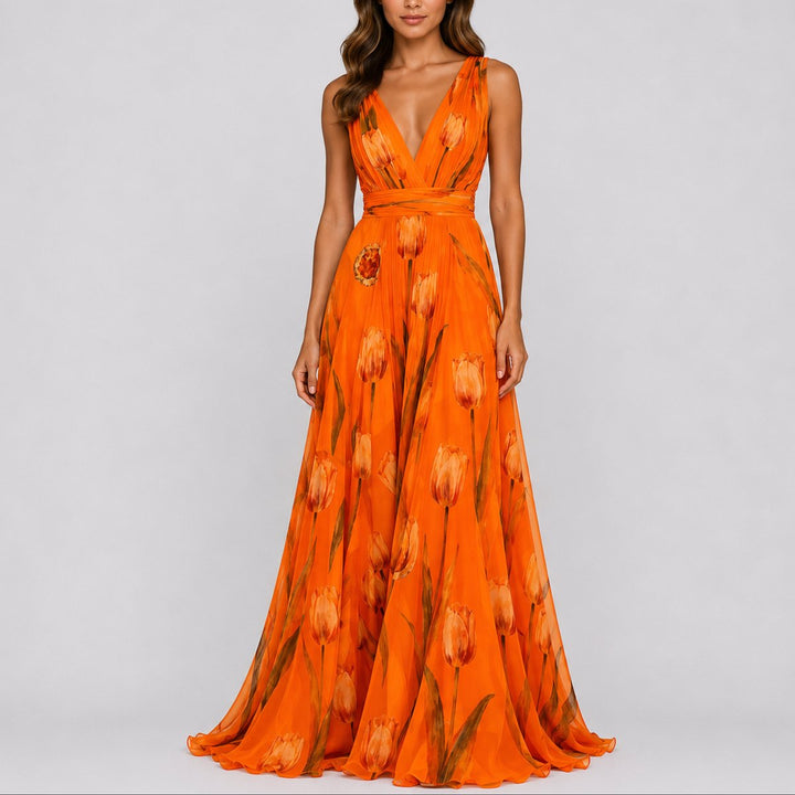 Nora | Damernes Blomstrede Chiffon Maxi Kjole til Bryllupper og Festlige Lejligheder