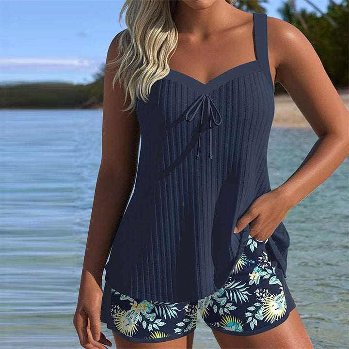 Olivia | Dames Two-piece Set Tankini Stribede Badeshorts Blomsterprint