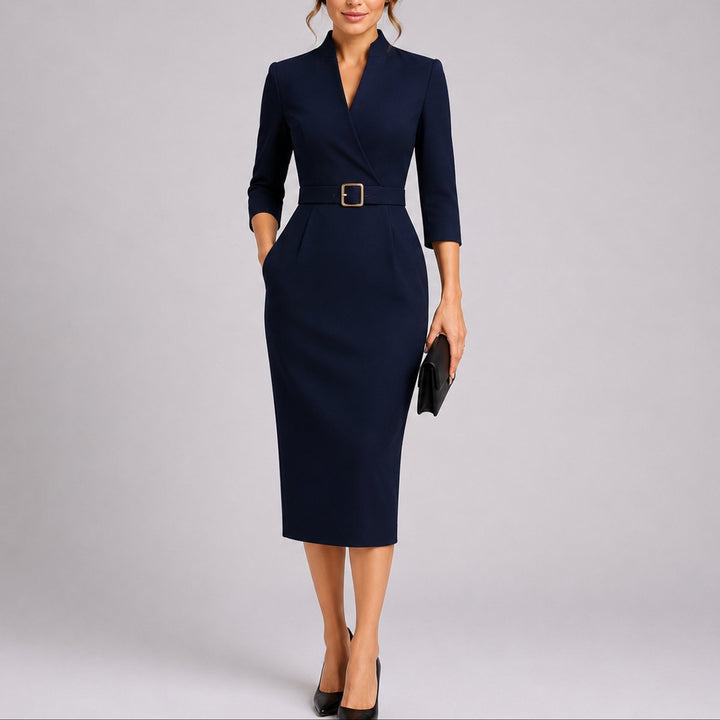 Olivia | Elegant Bodycon Midi Kjole til Bryllupsgjæster med Bælte V-hals
