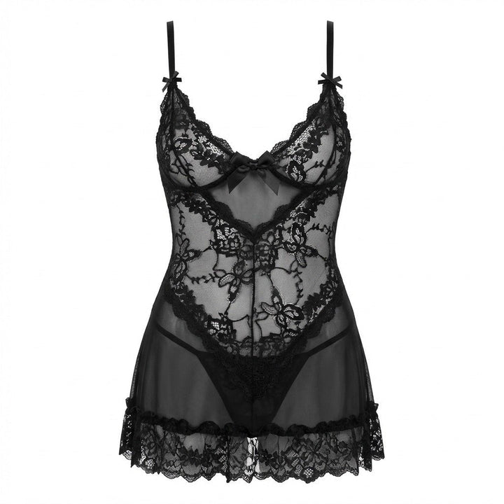 Lea | Gennemsigtig Blondekjole Chemise Mesh Blonder Satin G-streng