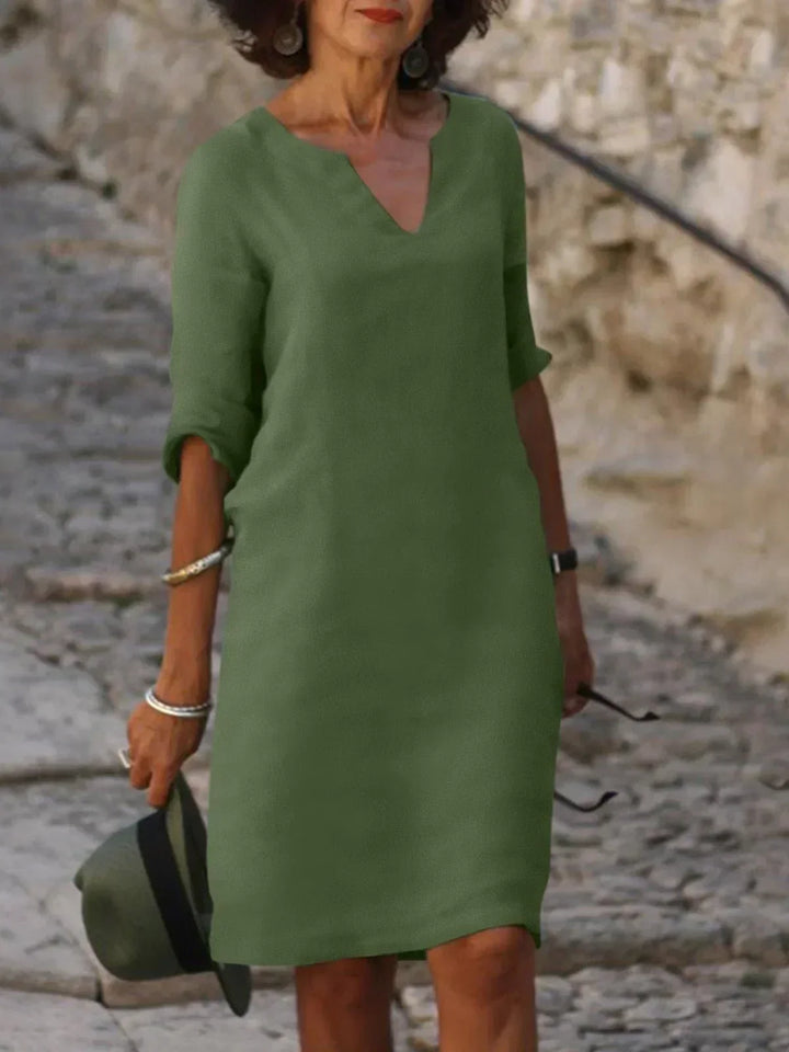 Yrsa | Dame Elegant Midi Kjole Med V-Udskæring